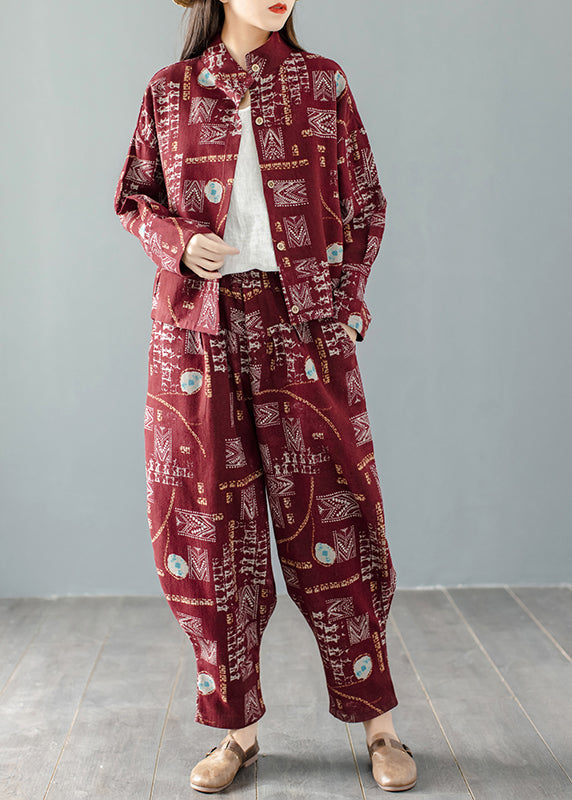 Casual Mulberry Stand Collar Print Coats And Harem Pants Two Pieces Set Long Sleeve