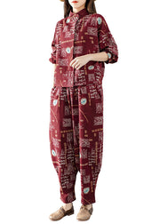 Casual Mulberry Stand Collar Print Coats And Harem Pants Two Pieces Set Long Sleeve