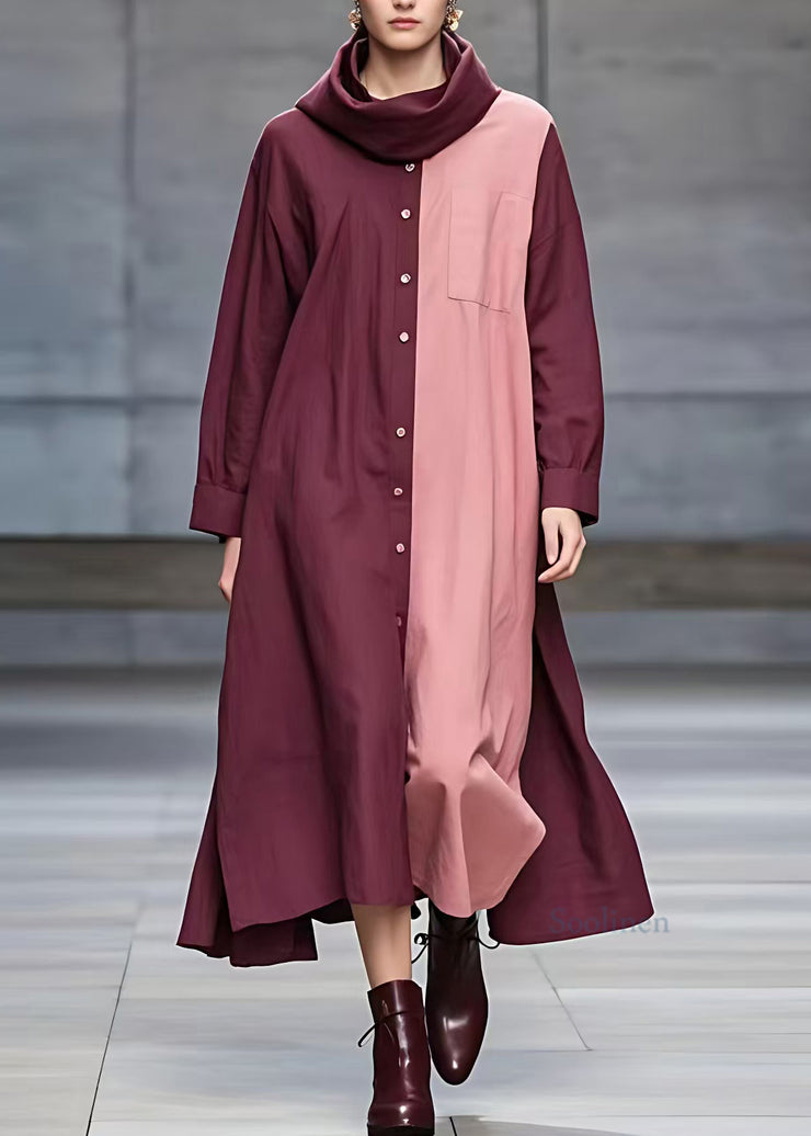 Casual Mulberry Turtleneck Patchwork Pockets Maxi Dresses Fall