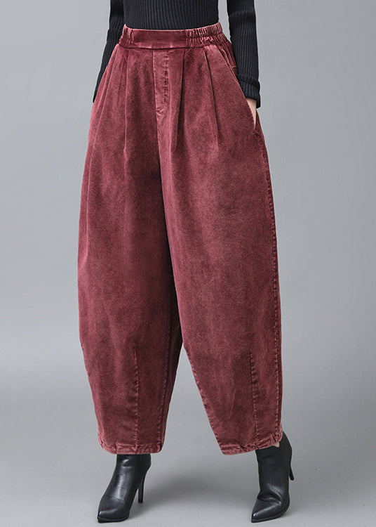 Casual Mulberry Wrinkled Pockets Corduroy Lantern Pants Fall