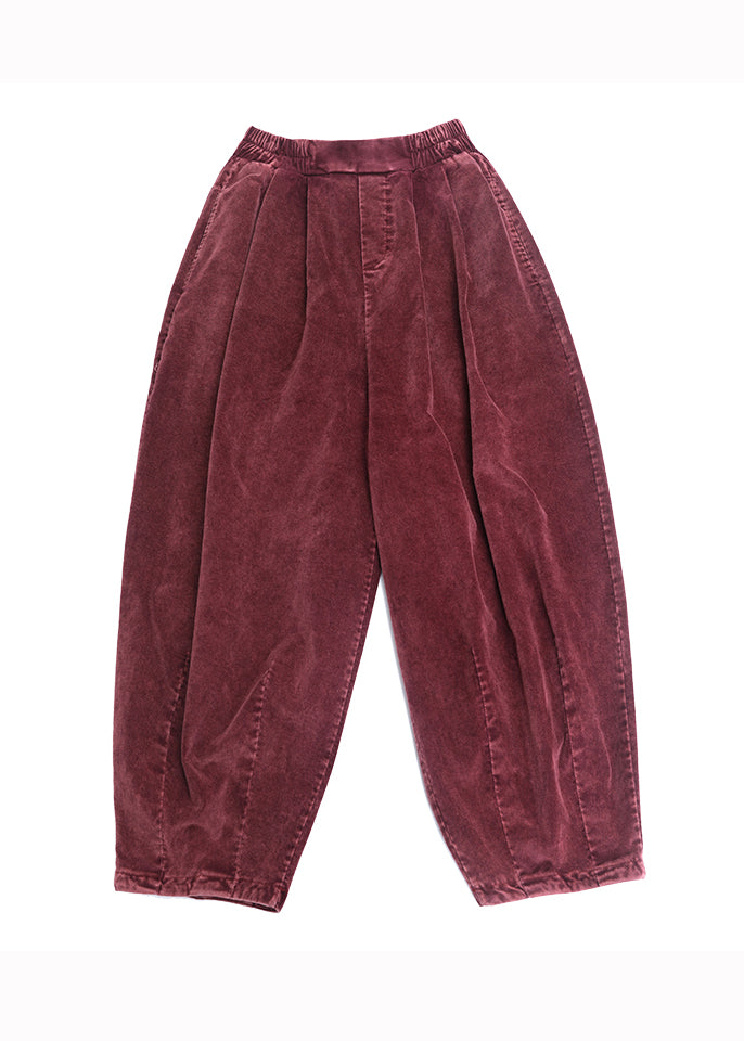 Casual Mulberry Wrinkled Pockets Corduroy Lantern Pants Fall