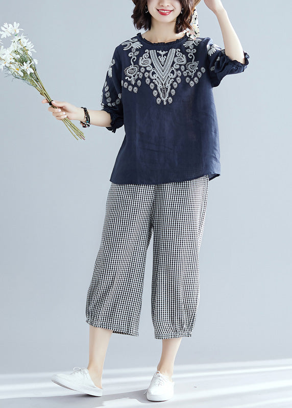 Casual Navy Blue Embroideried Top And Harem Pants Two Pieces Set Short Sleeve