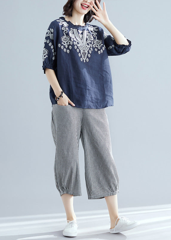 Casual Navy Blue Embroideried Top And Harem Pants Two Pieces Set Short Sleeve