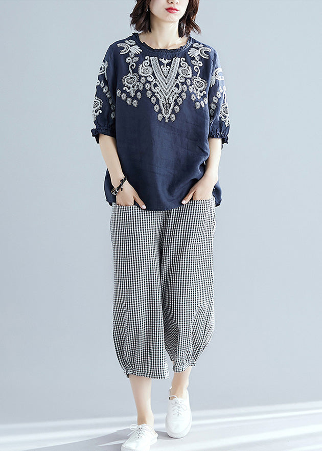 Casual Navy Blue Embroideried Top And Harem Pants Two Pieces Set Short Sleeve