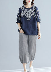 Casual Navy Blue Embroideried Top And Harem Pants Two Pieces Set Short Sleeve