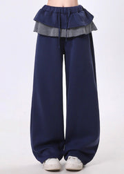 Casual Navy Elastic Waist Patchwork Ruffles Cotton Pants Spring