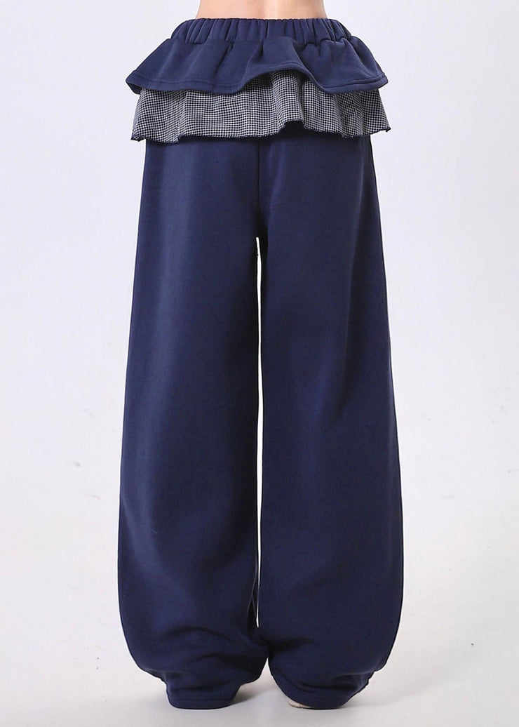 Casual Navy Elastic Waist Patchwork Ruffles Cotton Pants Spring