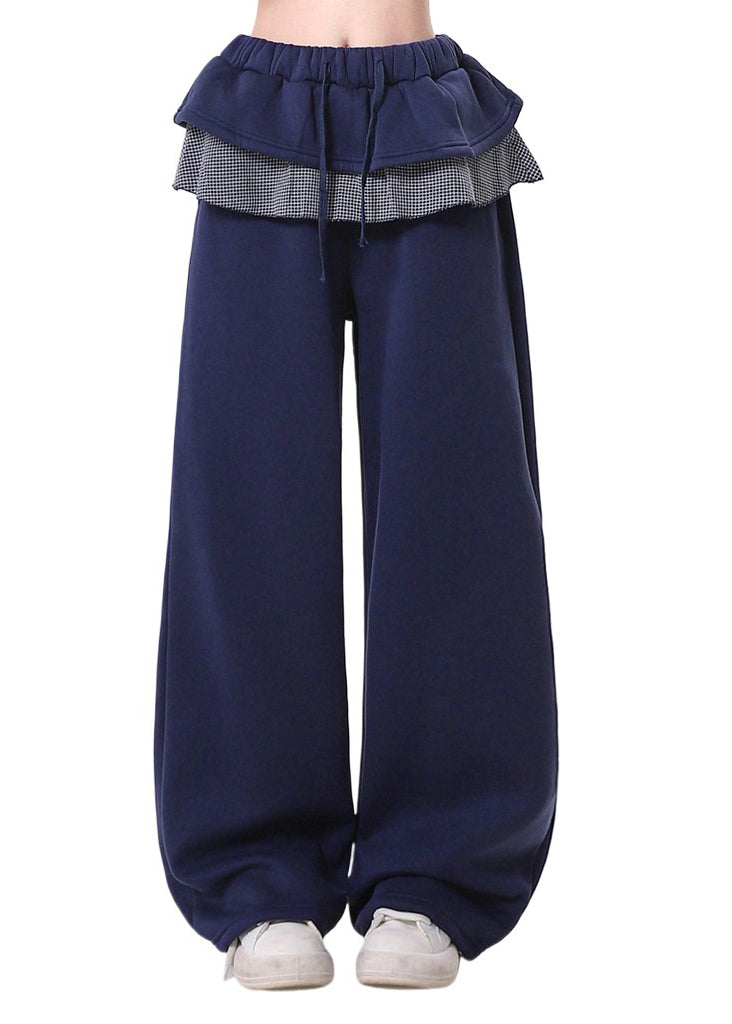 Casual Navy Elastic Waist Patchwork Ruffles Cotton Pants Spring