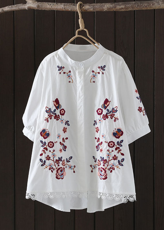 Casual Navy Embroidered Low High Design Cotton Blouse Top Summer