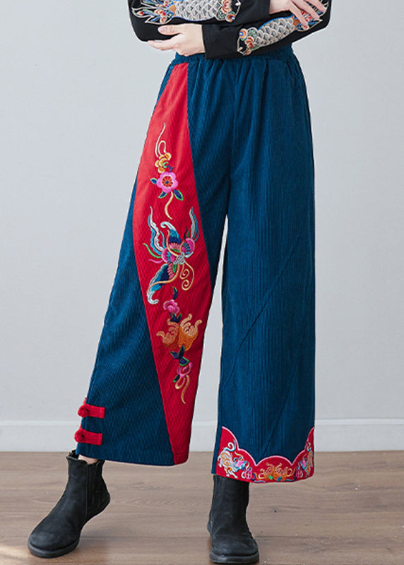 Casual Navy Embroideried Floral Pockets Elastic Waist Crop Pants Fall