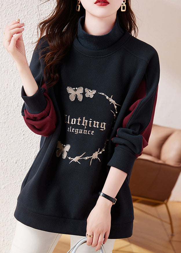 Casual Navy Embroidered Patchwork Warm Fleece Sweatshirt Streetwear Winter