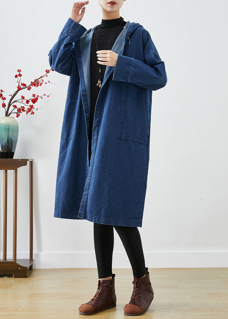 Casual Navy Hooded Oversized Cotton Trench Coats Fall