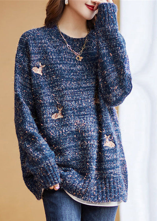 Casual Navy O-Neck Animal Embroideried Knit Sweaters Fall