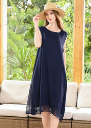 Casual Navy O-Neck Oversized Chiffon Long Dress Sleeveless