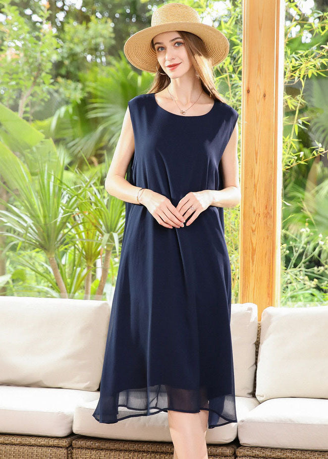 Casual Navy O-Neck Oversized Chiffon Long Dress Sleeveless