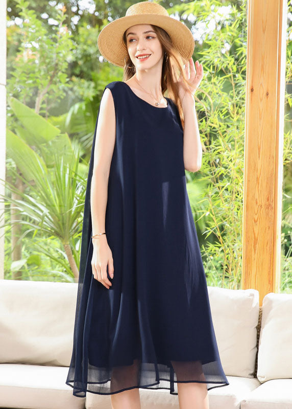 Casual Navy O-Neck Oversized Chiffon Long Dress Sleeveless