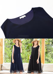 Casual Navy O-Neck Oversized Chiffon Long Dress Sleeveless