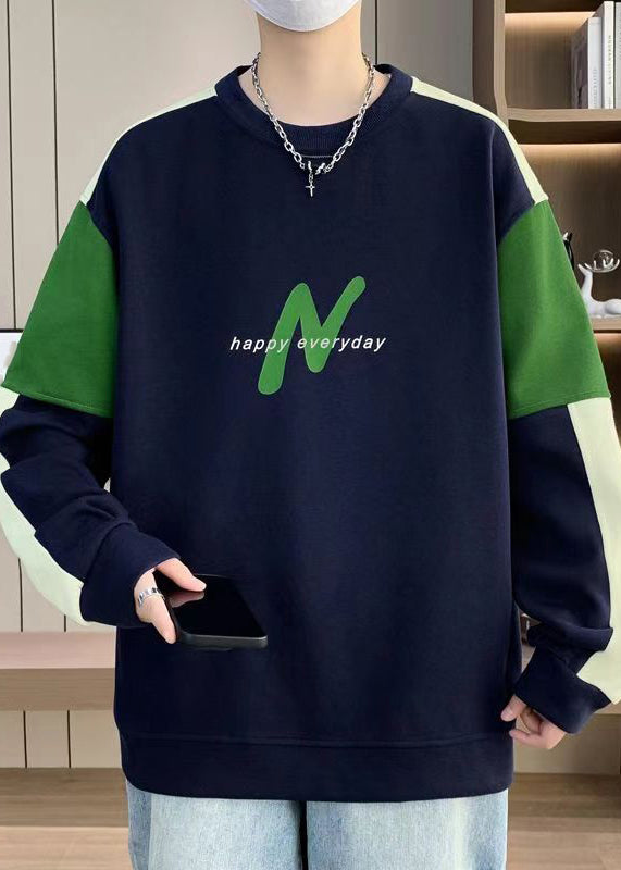 Casual Navy O Neck Patchwork Warm Fleece Mens Sweatshirts Winter