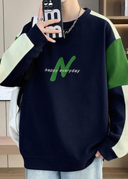 Casual Navy O Neck Patchwork Warm Fleece Mens Sweatshirts Winter