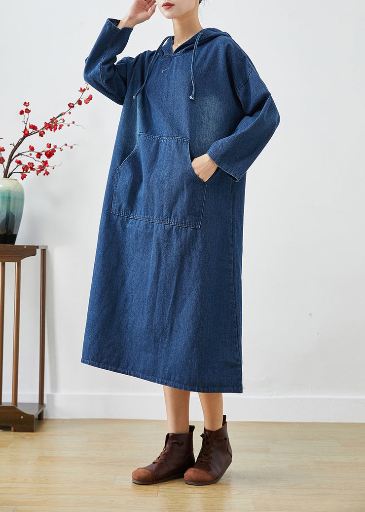 Casual Navy Oversized Hooded Denim Vacation Dresses Fall