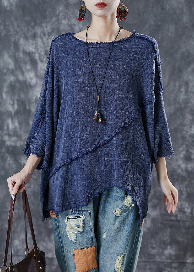 Casual Navy Oversized Patchwork Cotton Blouse Top Spring