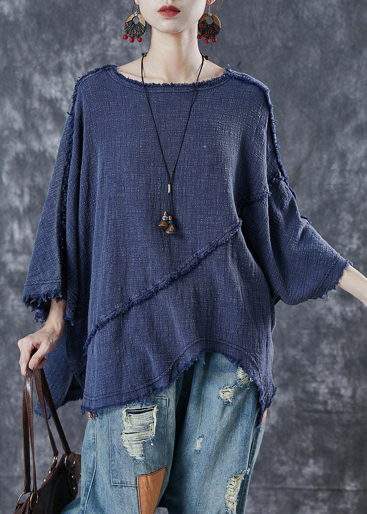 Casual Navy Oversized Patchwork Cotton Blouse Top Spring