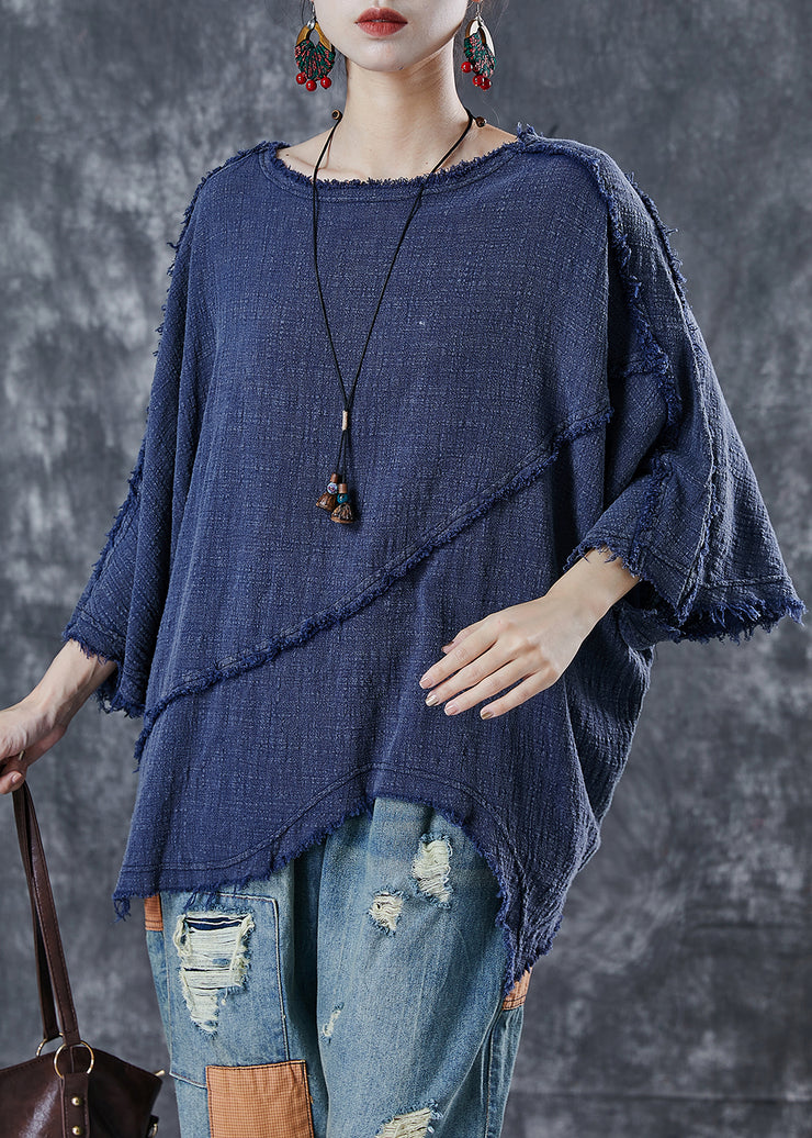 Casual Navy Oversized Patchwork Cotton Blouse Top Spring