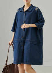 Casual Navy Oversized Patchwork Denim Ripped Dresses Summer