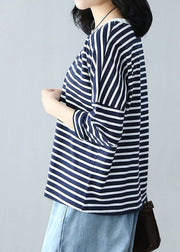 Casual Navy Oversized Patchwork Striped Cotton Top Spring