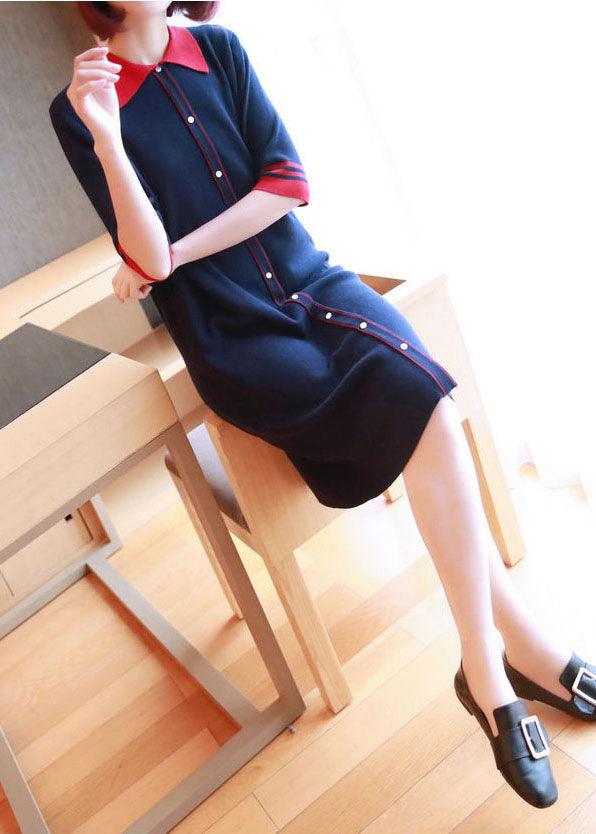 Casual Navy Peter Pan Collar Button Knitted Dresses Half Sleeve