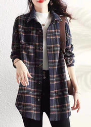 Casual Navy Peter Pan Collar Plaid Cotton Shirt Coats Spring