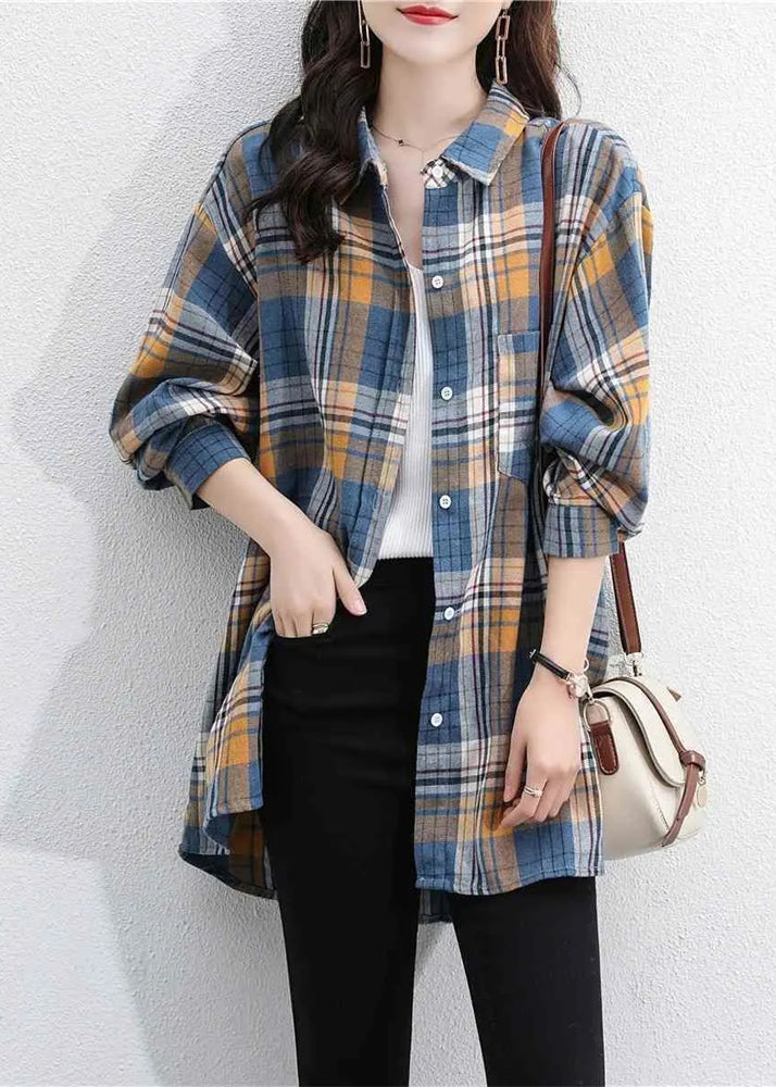 Casual Navy Peter Pan Collar Plaid Cotton Shirt Coats Spring