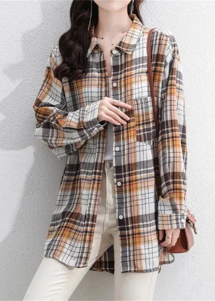 Casual Navy Peter Pan Collar Plaid Cotton Shirt Coats Spring