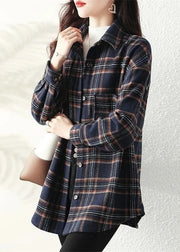 Casual Navy Peter Pan Collar Plaid Cotton Shirt Coats Spring