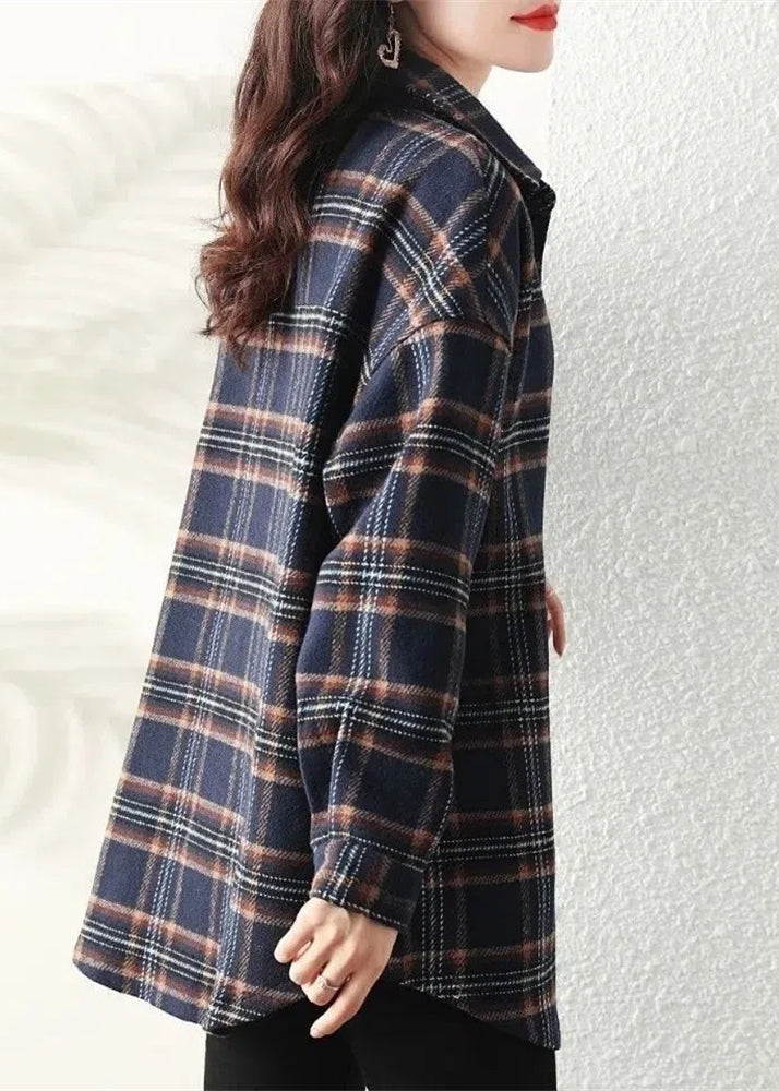 Casual Navy Peter Pan Collar Plaid Cotton Shirt Coats Spring