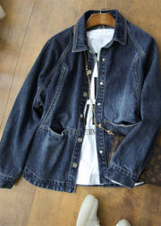 Casual Navy Peter Pan Collar Pockets Patchwork Denim Jackets Fall