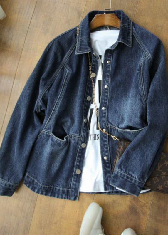 Casual Navy Peter Pan Collar Pockets Patchwork Denim Jackets Fall