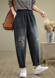 Casual Navy Pockets Applique Elastic Waist Denim Pants Fall