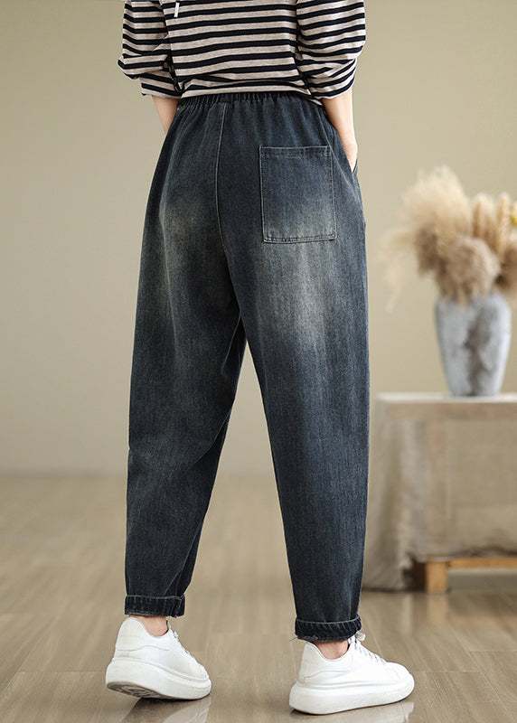 Casual Navy Pockets Applique Elastic Waist Denim Pants Fall