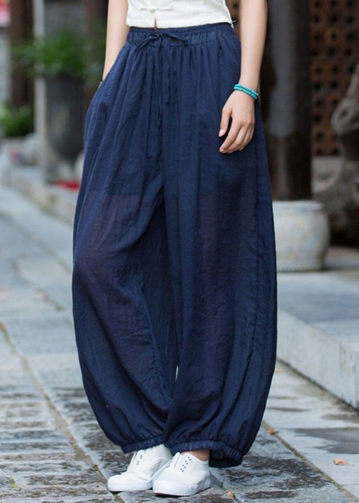 Casual Navy Pockets Elastic Waist Cotton Lantern Pants Summer