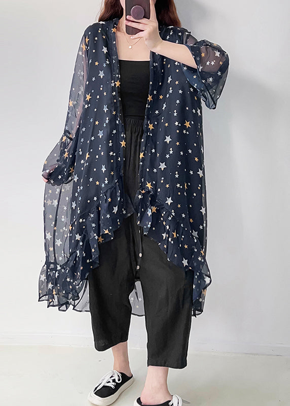 Casual Navy Ruffled Print Chiffon UPF 50+ Cardigan Summer