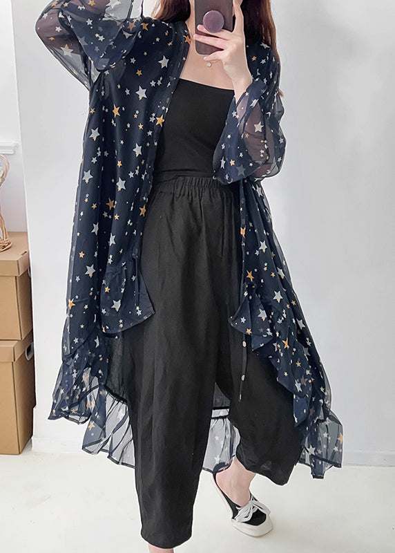 Casual Navy Ruffled Print Chiffon UPF 50+ Cardigan Summer