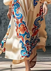 Casual Nude Tie Waist Print Silk Long Dresses Summer