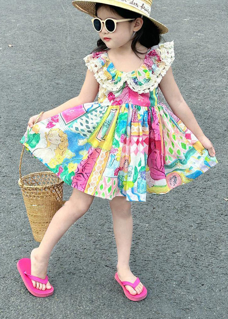 Casual O-Neck Print Patchwork Cotton Kids Mid Dress Sleeveless