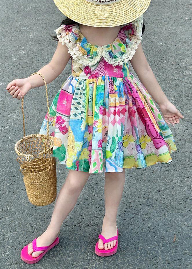 Casual O-Neck Print Patchwork Cotton Kids Mid Dress Sleeveless