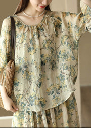 Casual O-Neck Print Tie Waist Ramie Shirts Flare Sleeve