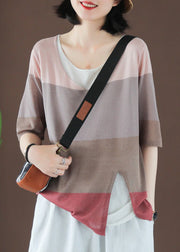 Casual O-Neck Striped Patchwork Ice Silk Top Short Sleeve