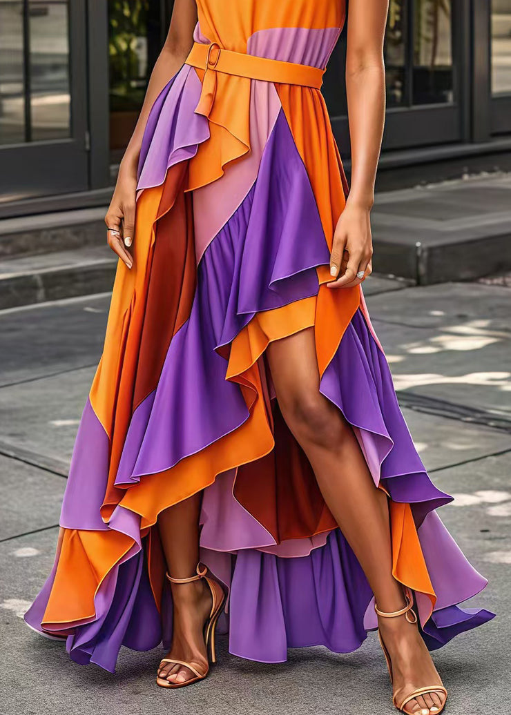 Casual Orange Asymmetrical Patchwork Exra Large Hem Silk Long Dress Summer