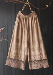 Casual Orange Embroidered Lace Patchwork Cotton Crop Pants Summer