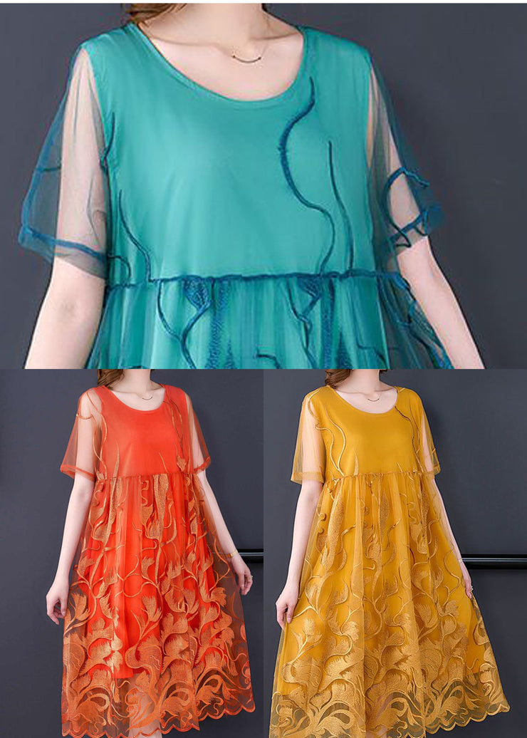 Casual Orange Embroideried Patchwork Tulle Long Dress Summer